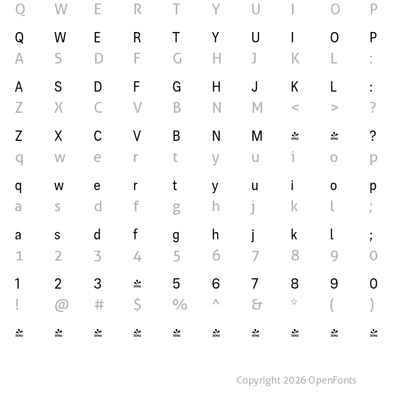 Character Map of FONTSPRING DEMO - Ordina Condensed Regular