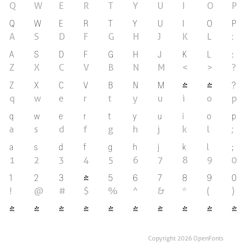 Character Map of FONTSPRING DEMO - Ordina Condensed Thin Regular
