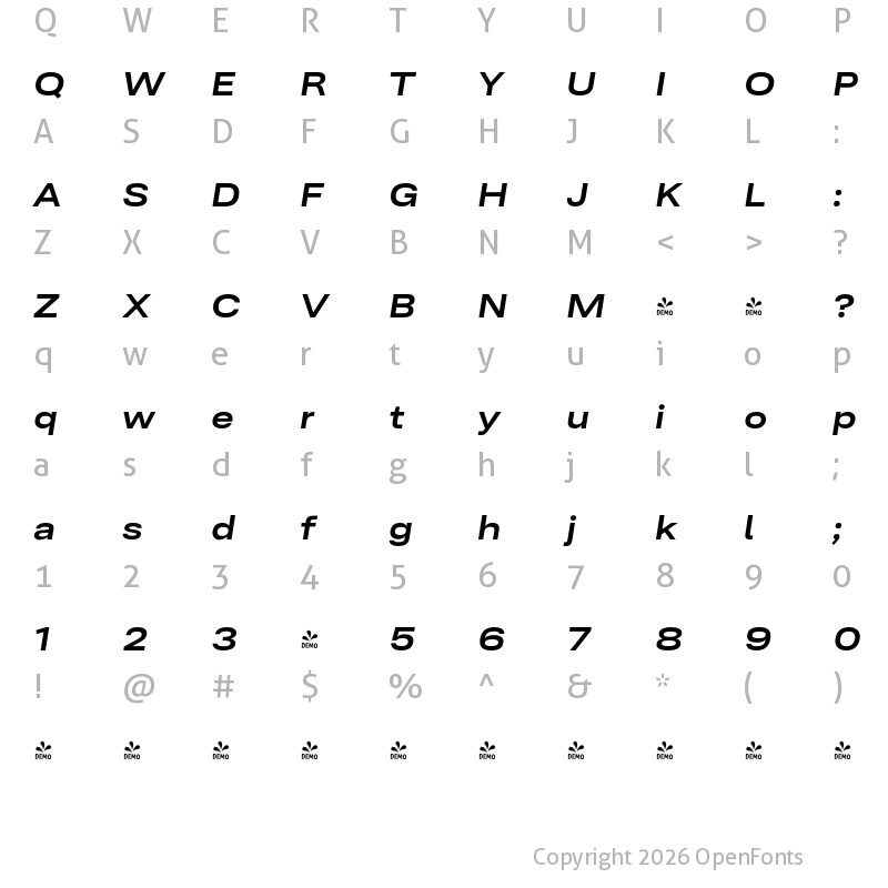 Character Map of FONTSPRING DEMO - Ordina Expanded Bold Italic