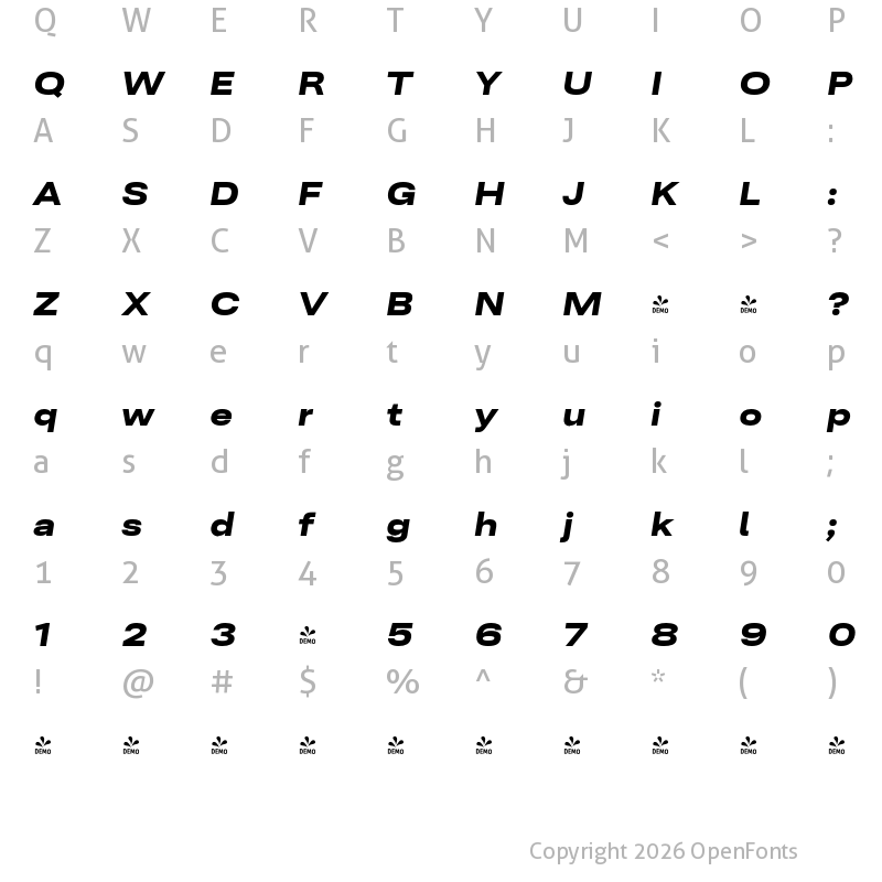 Character Map of FONTSPRING DEMO - Ordina Expanded Heavy Italic