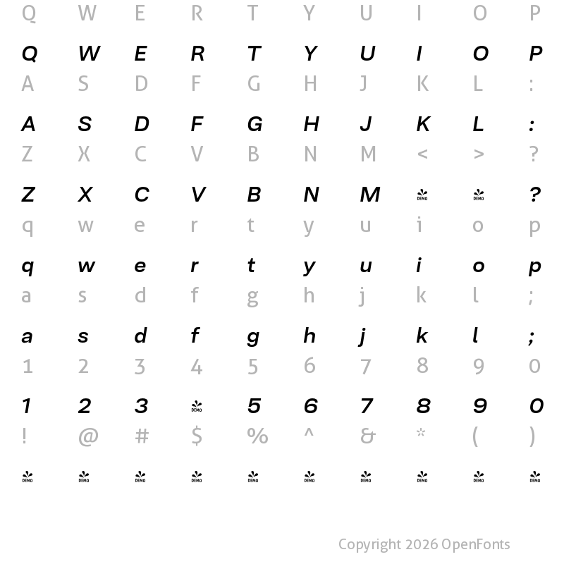 Character Map of FONTSPRING DEMO - Ordina Semibold Italic