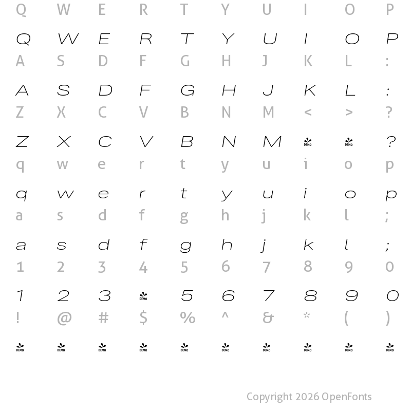 Character Map of FONTSPRING DEMO - Ordina Wide Extralight Italic