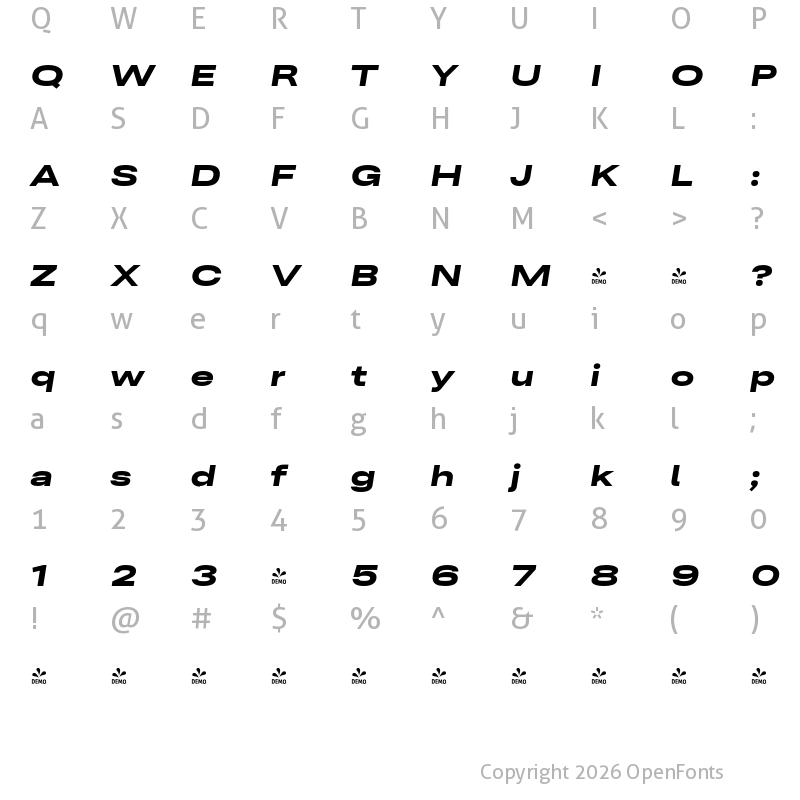 Character Map of FONTSPRING DEMO - Ordina Wide Heavy Italic