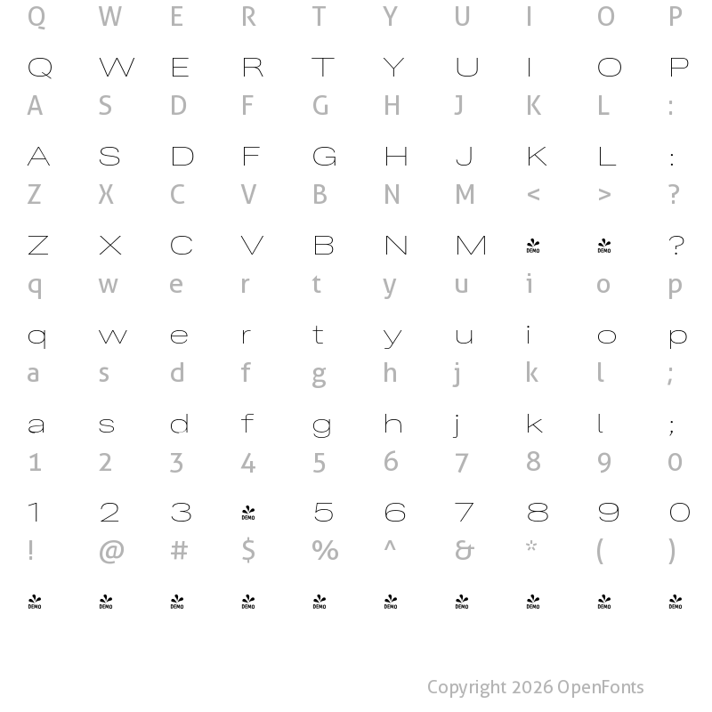 Character Map of FONTSPRING DEMO - Ordina Wide Thin Regular