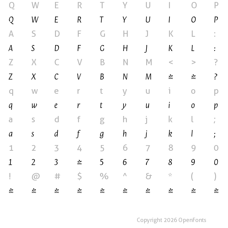 Character Map of FONTSPRING DEMO - Orenga Book Italic Regular