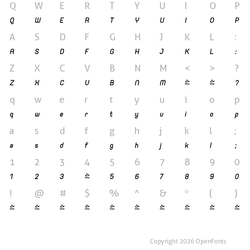 Character Map of FONTSPRING DEMO - Orev Med Italic