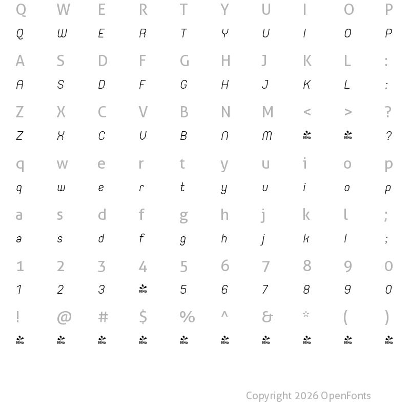 Character Map of FONTSPRING DEMO - Orev SemLt Italic