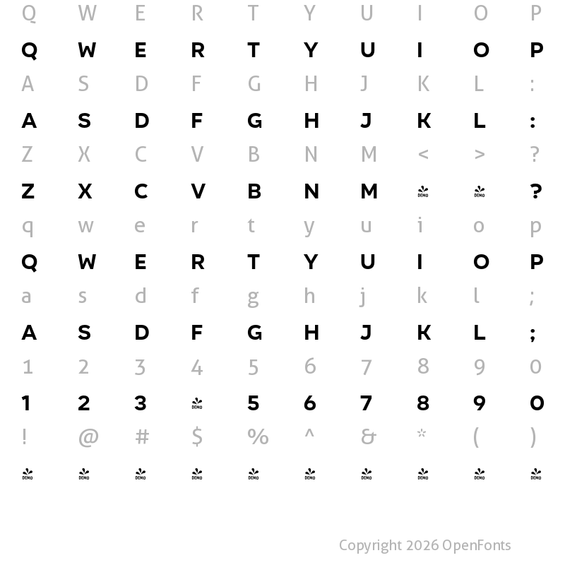 Character Map of FONTSPRING DEMO - Organetto Bold Regular
