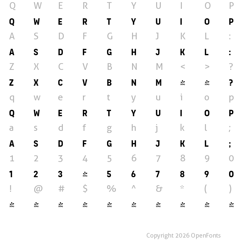 Character Map of FONTSPRING DEMO - Organetto Cnd Bold Regular
