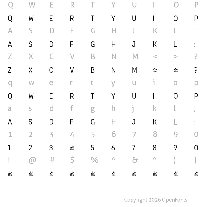 Character Map of FONTSPRING DEMO - Organetto Cnd Light Regular
