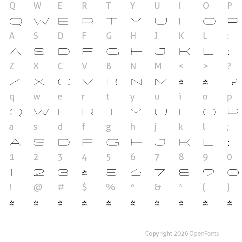 Character Map of FONTSPRING DEMO - Organetto Exp Thin Regular
