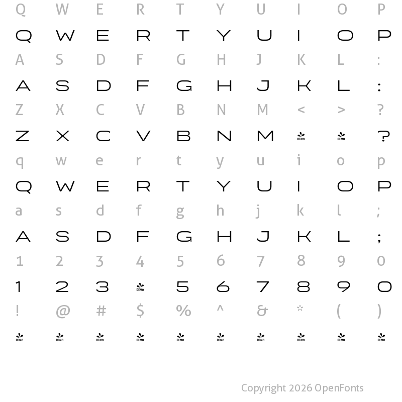 Character Map of FONTSPRING DEMO - Organetto Ext Light Regular