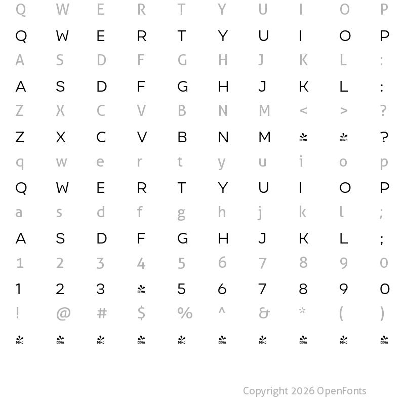 Character Map of FONTSPRING DEMO - Organetto Light Regular