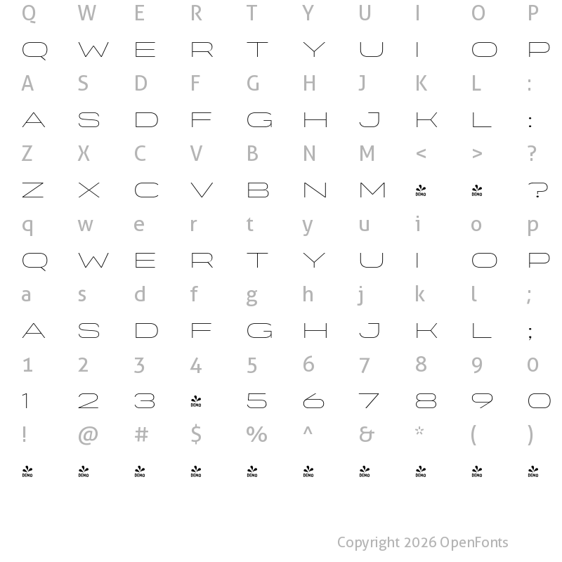 Character Map of FONTSPRING DEMO - Organetto SemiExp Thin Regular