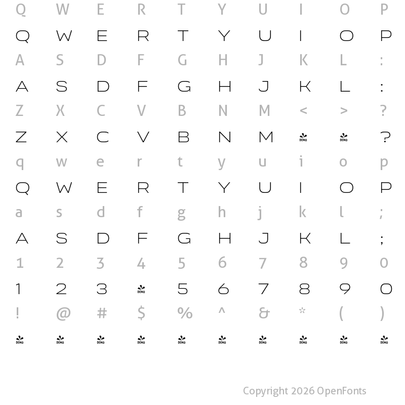 Character Map of FONTSPRING DEMO - Organetto SemiExt UltraLight Regular