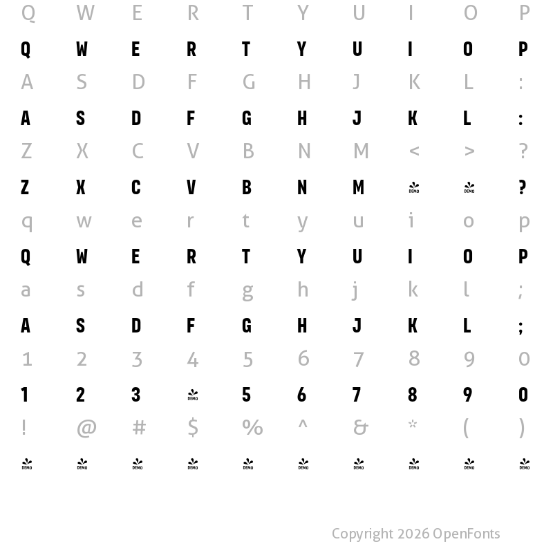 Character Map of FONTSPRING DEMO - Organetto UltraCnd Bold Regular