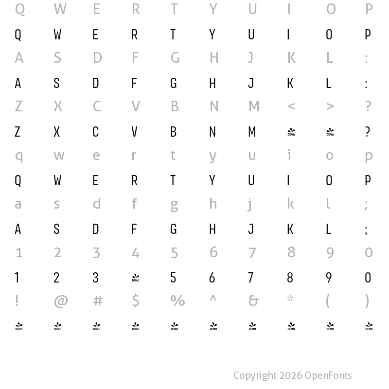 Character Map of FONTSPRING DEMO - Organetto UltraCnd Light Regular