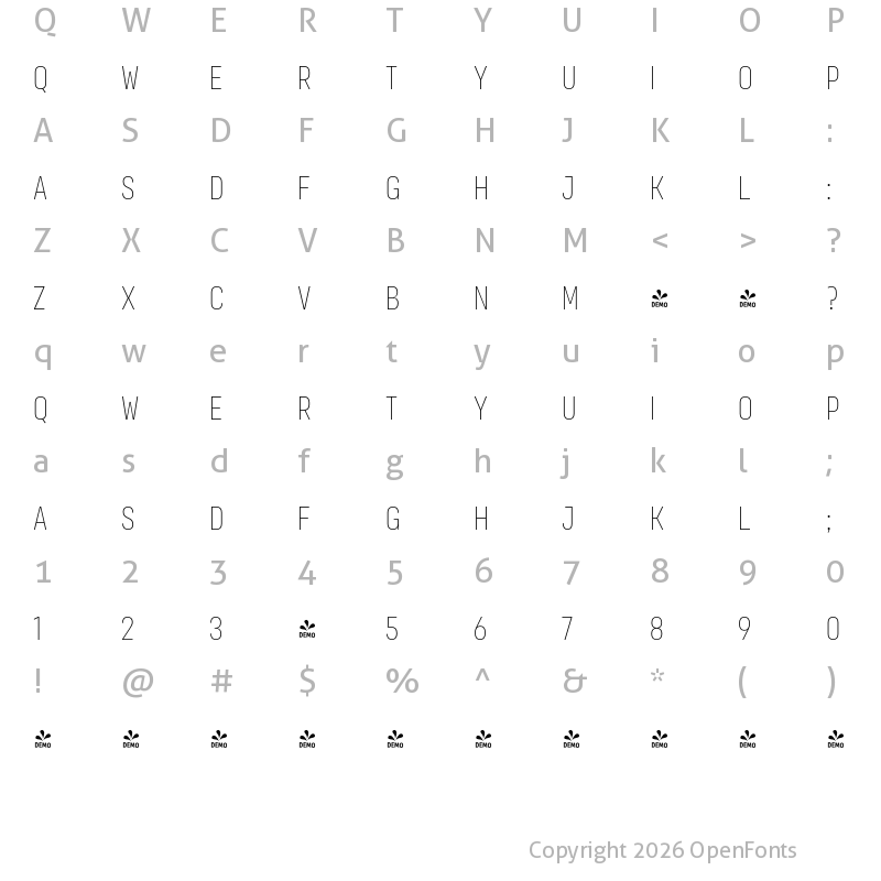 Character Map of FONTSPRING DEMO - Organetto UltraCnd Thin Regular