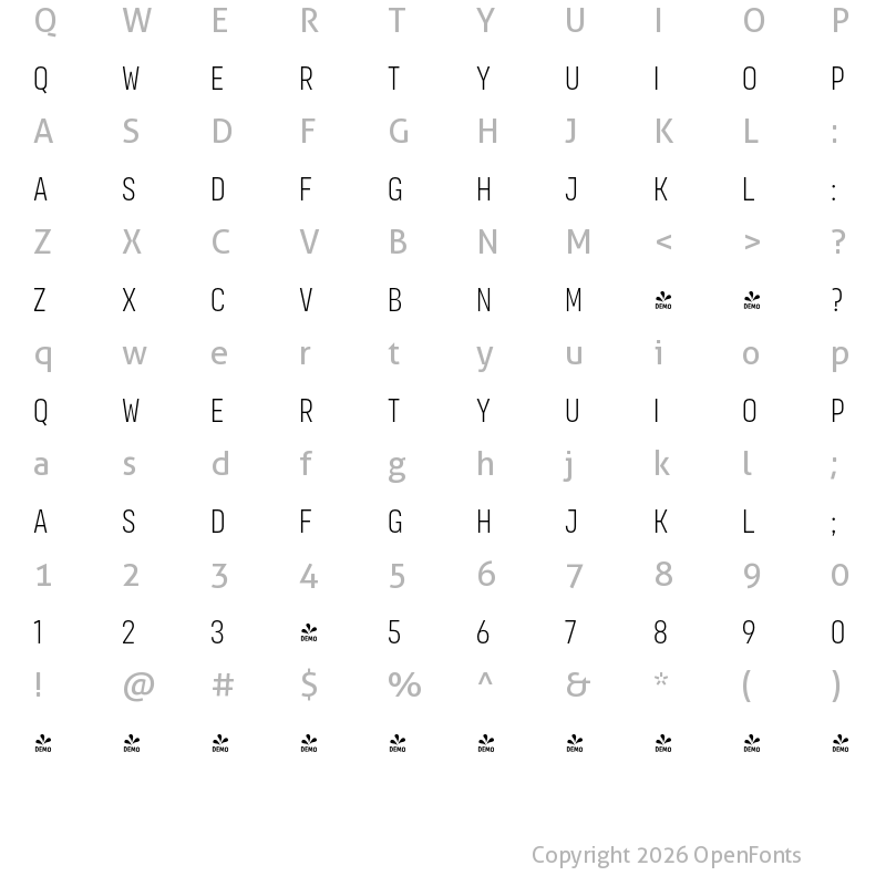 Character Map of FONTSPRING DEMO - Organetto UltraCnd UltraLight Regular