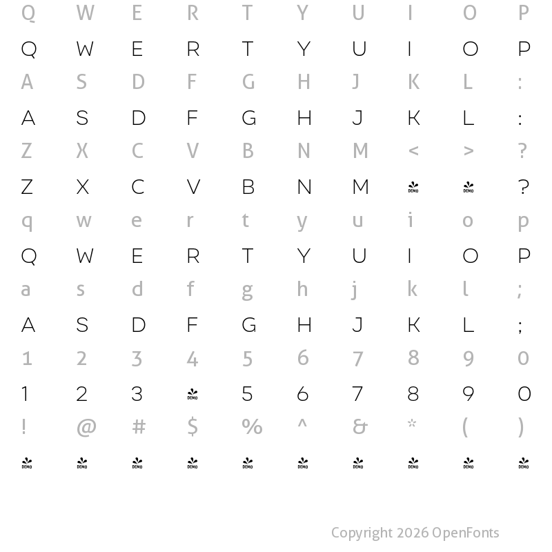 Character Map of FONTSPRING DEMO - Organetto UltraLight Regular