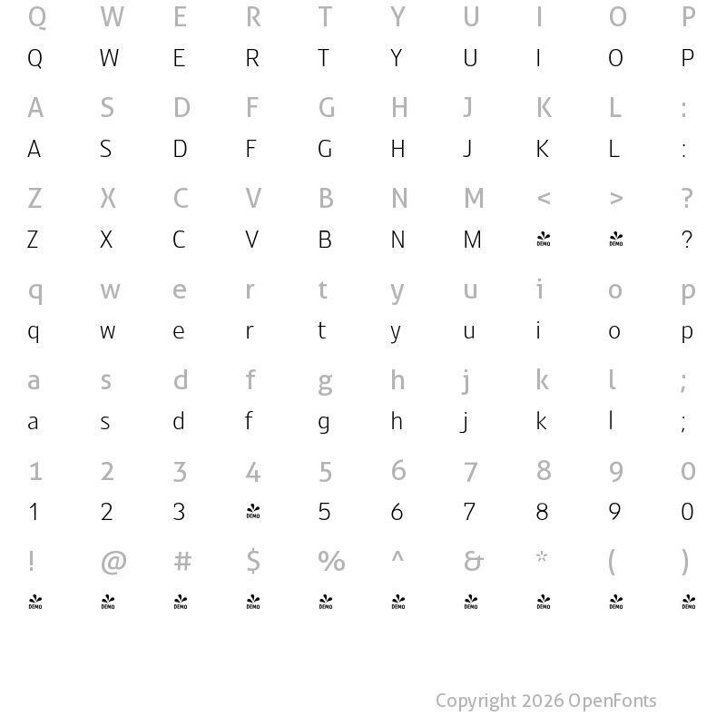 Character Map of FONTSPRING DEMO - OS Aran 300 Regular