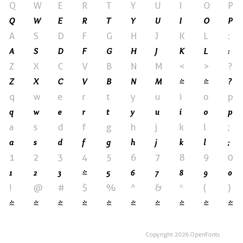 Character Map of FONTSPRING DEMO - Otari-BoldItalic Regular