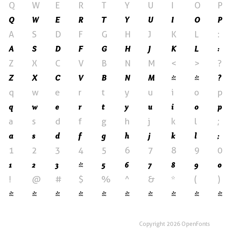 Character Map of FONTSPRING DEMO - Otari-HeavyItalic Regular