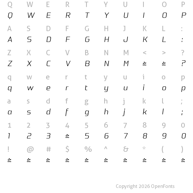 Character Map of FONTSPRING DEMO - Oxima Regular Italic Regular