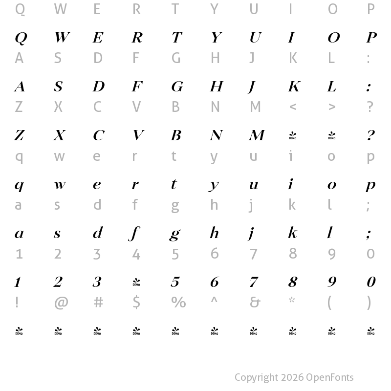 Character Map of FONTSPRING DEMO - Ozana Pro Display Ozana Pro Display Medium Italic