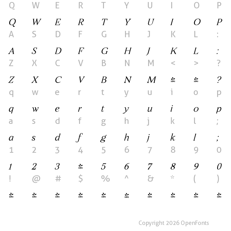 Character Map of FONTSPRING DEMO - Ozana Pro Italic VAR Ozana Pro Text Light It Regular