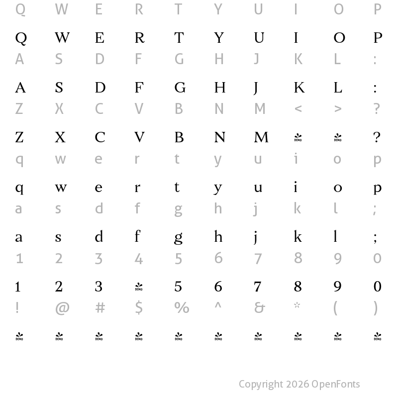 Character Map of FONTSPRING DEMO - Ozana Pro Text Light Regular