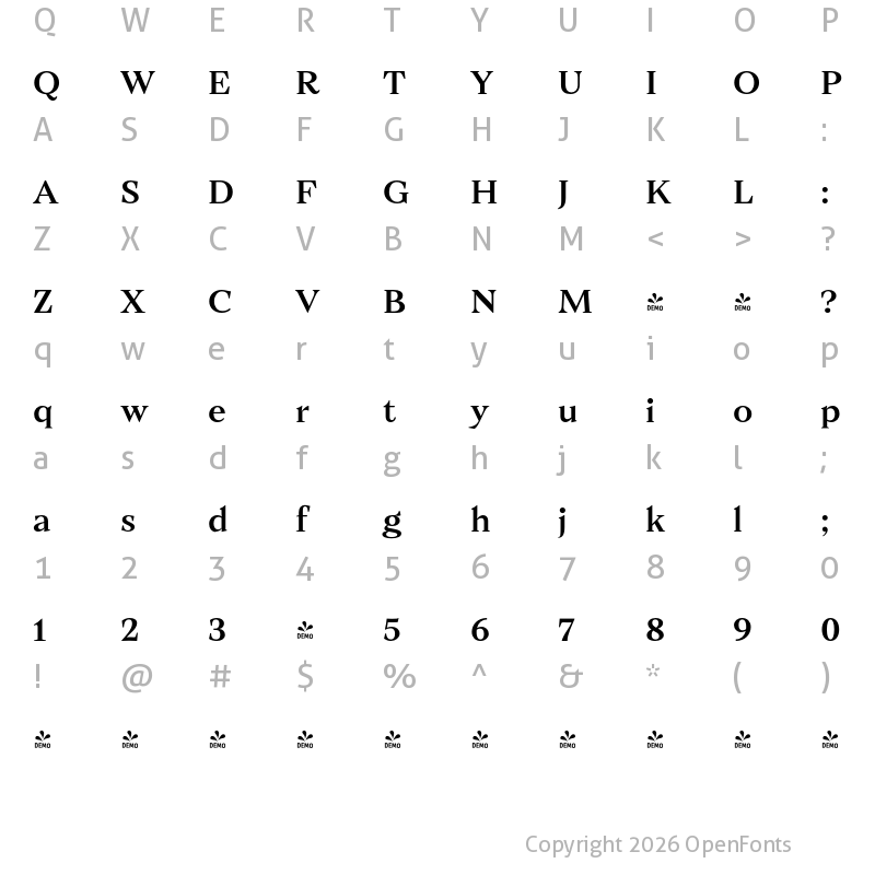 Character Map of FONTSPRING DEMO - Ozana Pro Text Medium Regular