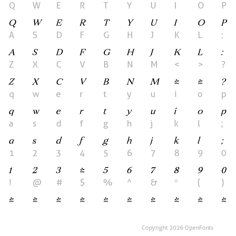 Character Map of FONTSPRING DEMO - Ozana Pro Text Ozana Pro Text Light Italic