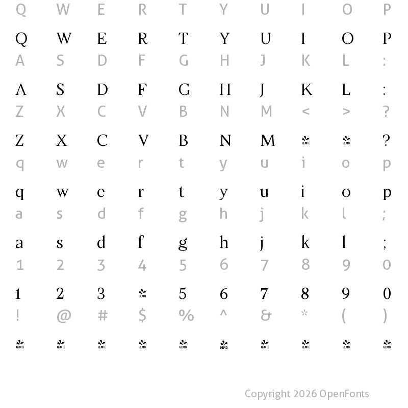 Character Map of FONTSPRING DEMO - Ozana Pro VAR Text Light Regular