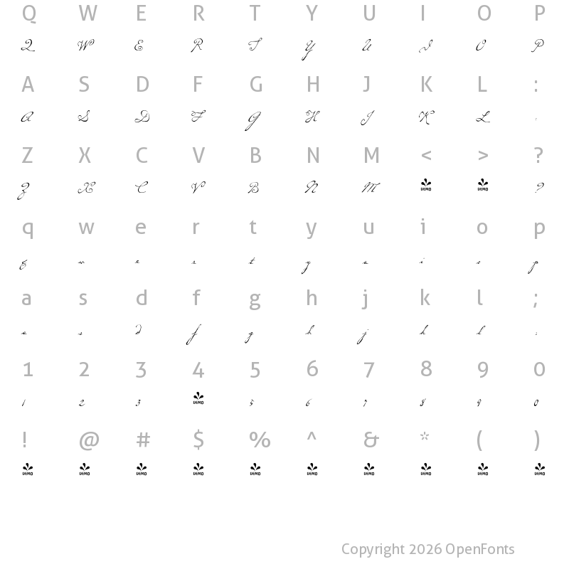 Character Map of FONTSPRING DEMO - P22 Dearest Script Regular