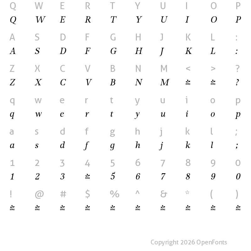 Character Map of FONTSPRING DEMO - P22 Foxtrot Pro Italic