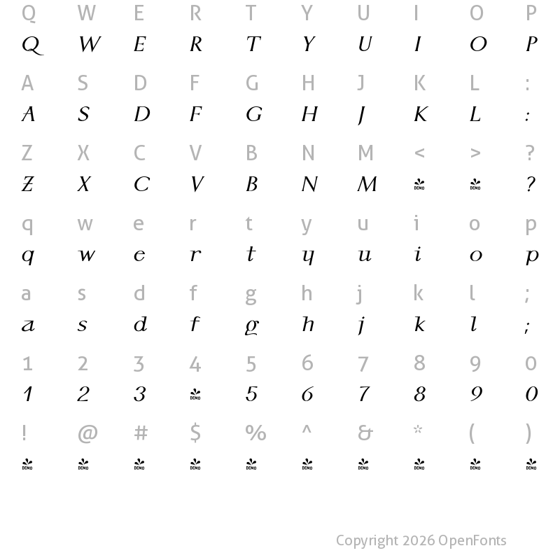 Character Map of FONTSPRING DEMO - P22 Kirkwall Bold Italic