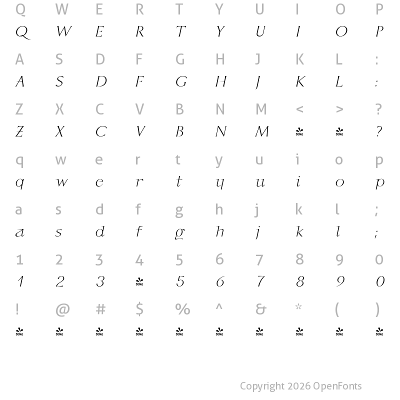 Character Map of FONTSPRING DEMO - P22 Kirkwall Italic