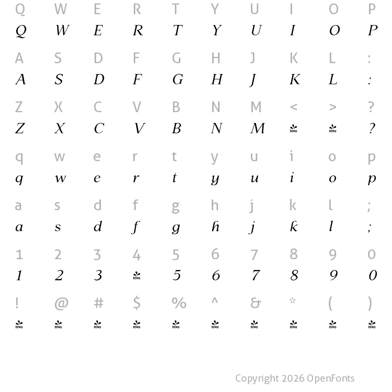 Character Map of FONTSPRING DEMO - P22 Late November Pro Italic