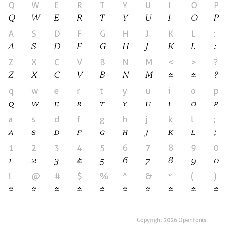 Character Map of FONTSPRING DEMO - P22 Mackinac Book SC Italic