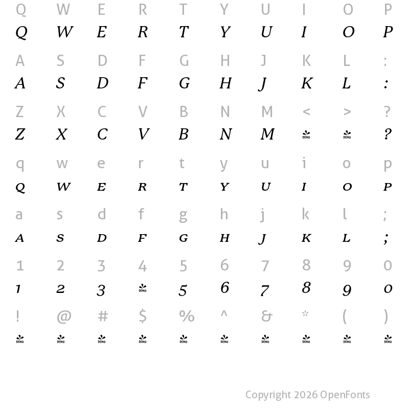 Character Map of FONTSPRING DEMO - P22 Mackinac Medium SC Italic