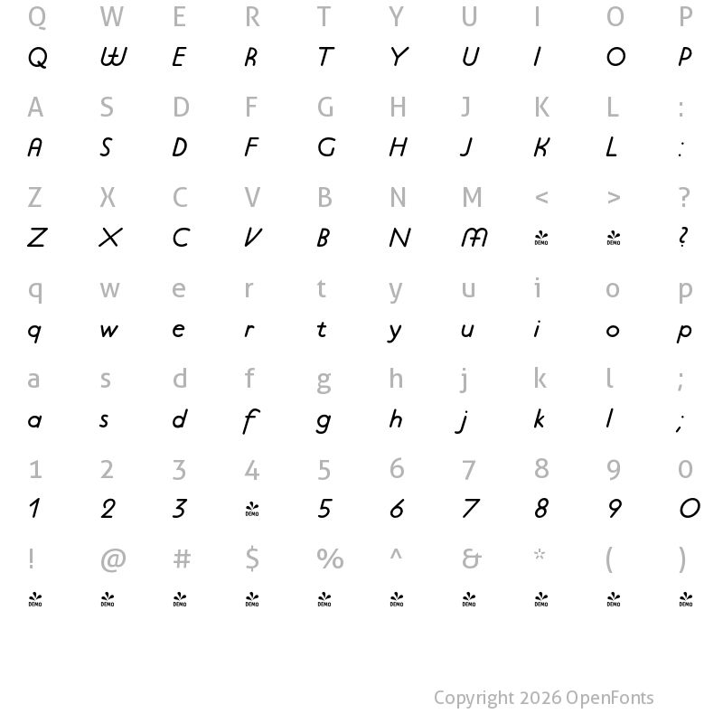 Character Map of FONTSPRING DEMO - P22 Platten Neu Italic