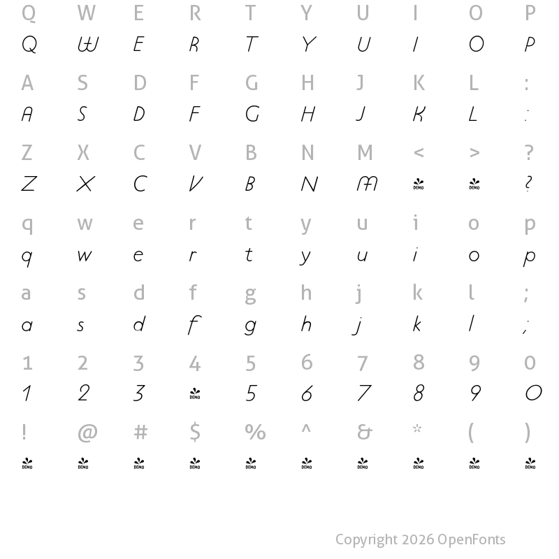 Character Map of FONTSPRING DEMO - P22 Platten Neu Light Italic