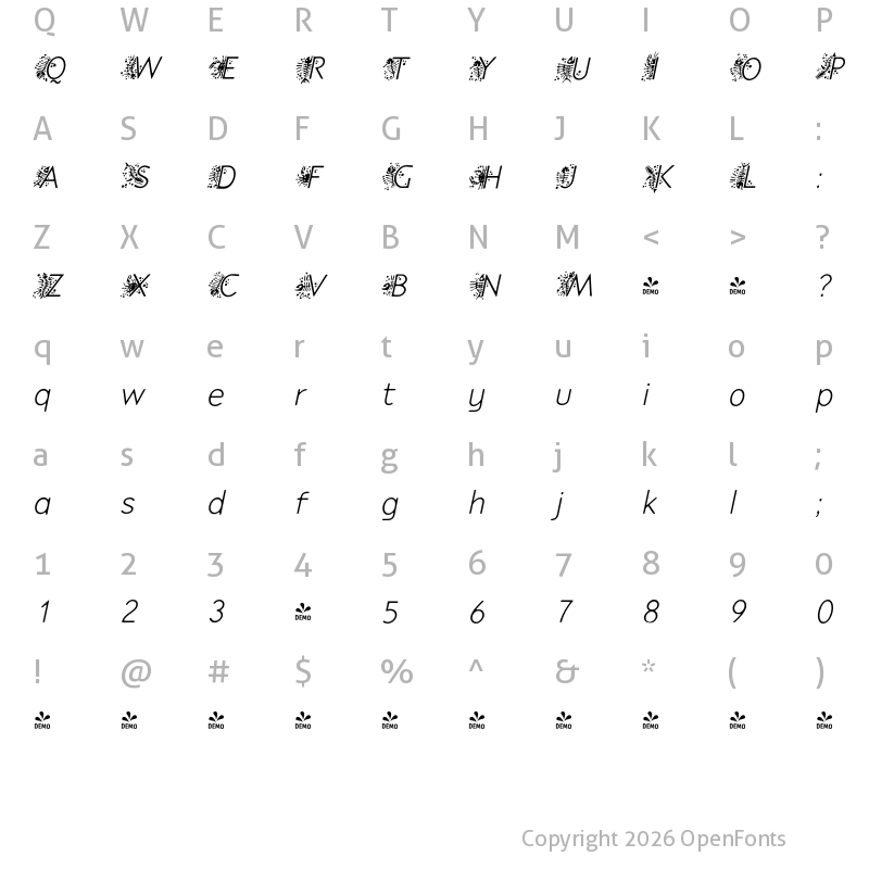 Character Map of FONTSPRING DEMO - P22 Speyside Light Initials Italic