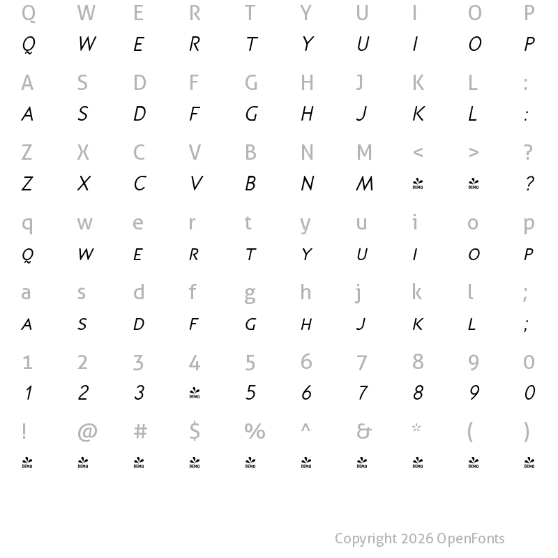 Character Map of FONTSPRING DEMO - P22 Speyside Small Caps Italic