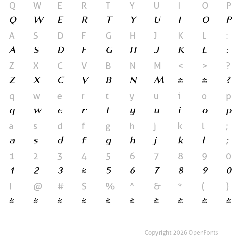 Character Map of FONTSPRING DEMO - P22 Spiggie Pro Bold Italic