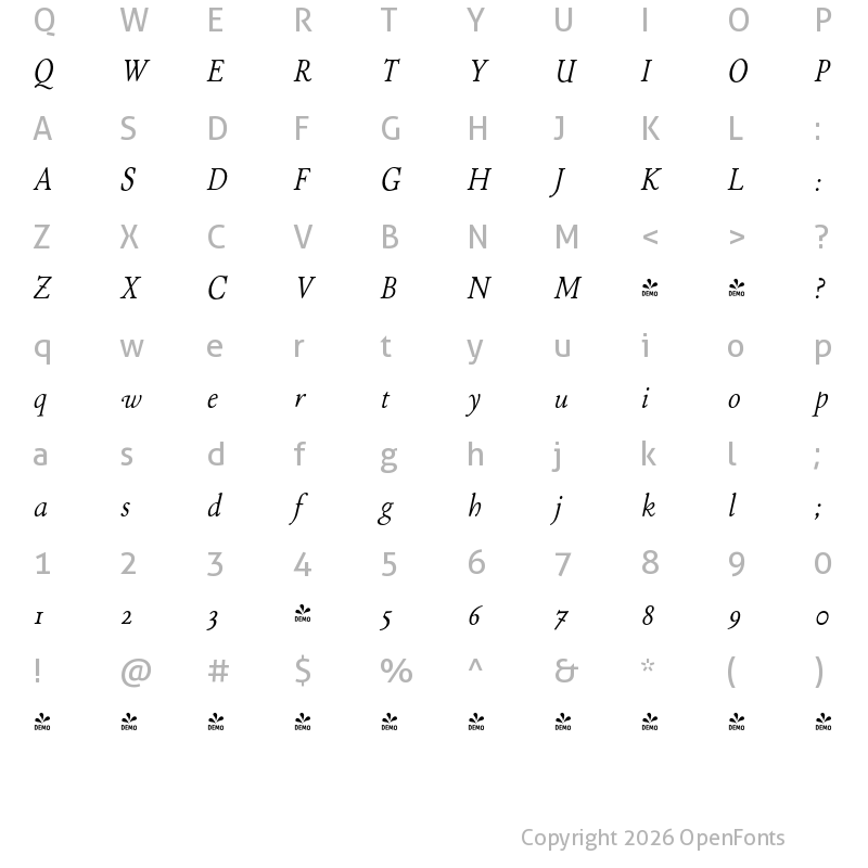 Character Map of FONTSPRING DEMO - P22 Stickley Pro Headline Italic