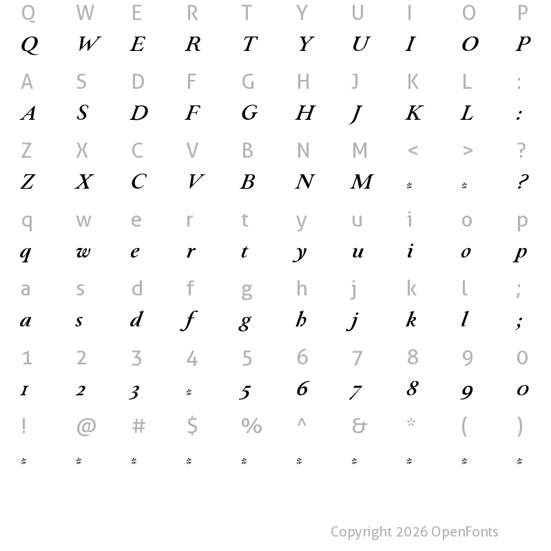 Character Map of FONTSPRING DEMO - Paciencia Bold Italic Regular