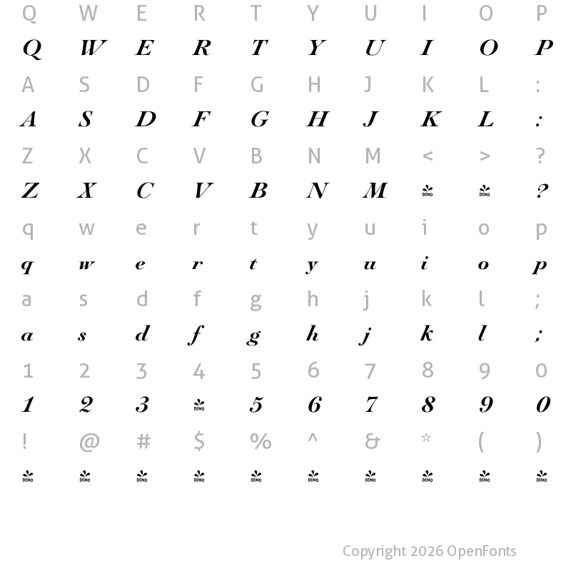 Character Map of FONTSPRING DEMO - Paganini Bold Italic