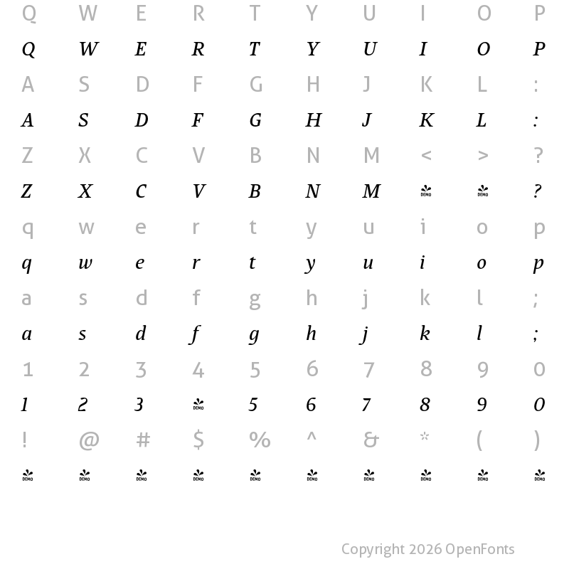 Character Map of FONTSPRING DEMO - Pagewalker Italic